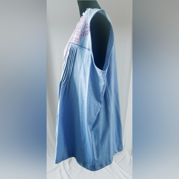 Boho Cotton 2X Knit Embroidered Lace Notch V-Neck Sleeveless Swing Tank Top - Picture 6 of 10